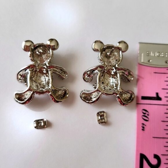 Teddy Bear Post Earrings Silver Tone Rhinestones Movable Key New OS - Picture 6 of 10
